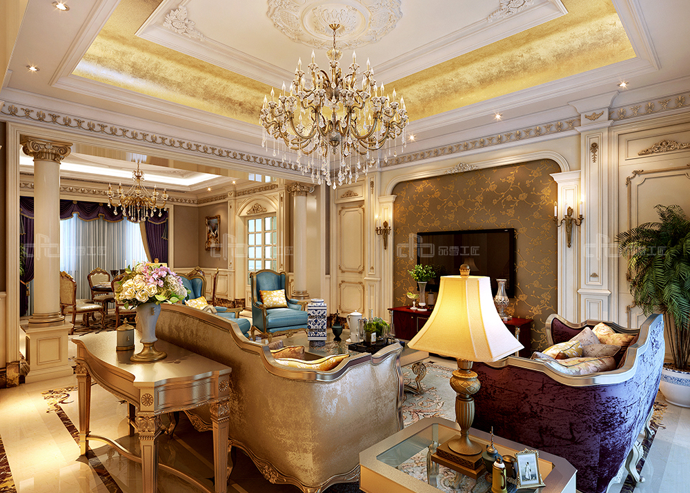 整木定制法式風(fēng)格，金色別墅裝修案例效果圖(圖4)